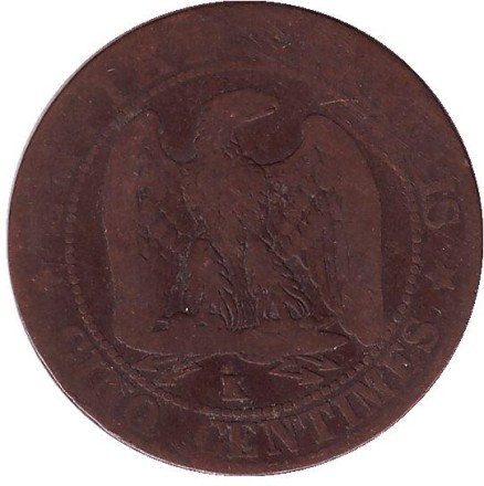 Монета 5 сантимов. 1856 год (K), Франция. Наполеон III.