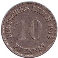 Монета 10 пфеннигов. 1912 год (G), Германская империя. Монета 10 пфеннигов. 1912 год (G), Германская империя.