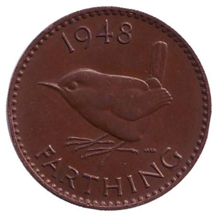 Монета 1 фартинг. 1948 год, Великобритания. Крапивник. (Птица).
