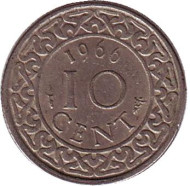 Монета 10 центов. 1966 год, Суринам.