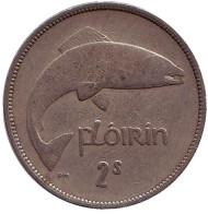 Монета 2 шиллинга (1 флорин). 1954 год, Ирландия. Лосось.