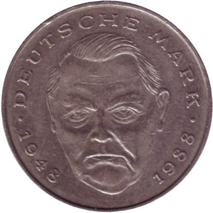 Монета 2 марки. 1991 год (D), ФРГ. Людвиг Эрхард.
