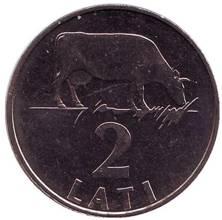 Монета 2 лата, 1992 год, Латвия. UNC. Корова.