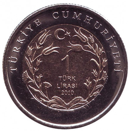 Монета 1 лира. 2010 год, Турция. Кошка. Монета 1 лира. 2010 год, Турция. Кошка.