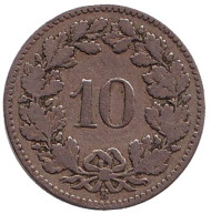 Монета 10 раппенов. 1880 год, Швейцария. Монета 10 раппенов. 1880 год, Швейцария.