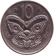 Монета 10 центов. 1980 год, Новая Зеландия. Маска маори. Монета 10 центов. 1980 год, Новая Зеландия. Маска маори.