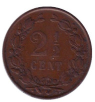 Монета 2,5 цента. 1884 год, Нидерланды.