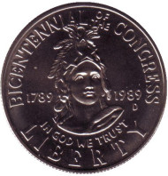 Монета 50 центов (D). 1989 год, США. 200-летие Конгресса. Монета 50 центов (D). 1989 год, США. 200-летие Конгресса.