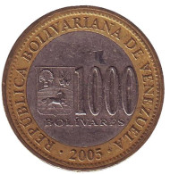 Монета 1000 боливаров. 2005 год, Венесуэла. Монета 1000 боливаров. 2005 год, Венесуэла.