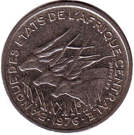 Монета 50 франков. 1976 год (D), Центральные Африканские штаты. Африканские антилопы. (Западные канны).