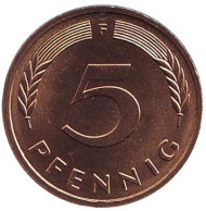 Монета 5 пфеннигов. 1979 год (F), ФРГ. Дубовые листья. Монета 5 пфеннигов. 1979 год (F), ФРГ. Дубовые листья.