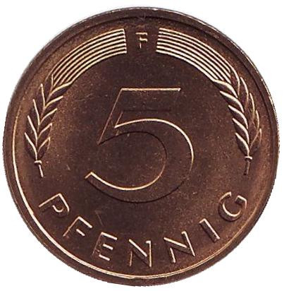 Монета 5 пфеннигов. 1979 год (F), ФРГ. UNC. Дубовые листья.