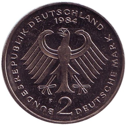 Монета 2 марки. 1984 год (F), ФРГ. Теодор Хойс.