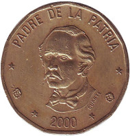 Монета 1 песо. 2000 год, Доминиканская Республика. Пабло Дуарте. Монета 1 песо. 2000 год, Доминиканская Республика. Пабло Дуарте.