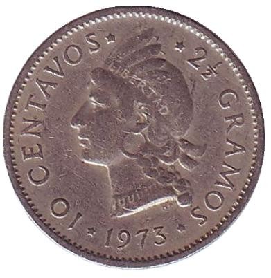 Монета 10 сентаво. 1973 год, Доминиканская Республика.