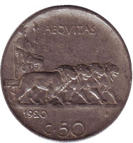 Монета 50 чентезимо. 1920 год, Италия. Гурт рубчатый. Монета 50 чентезимо. 1920 год, Италия. Гурт рубчатый.