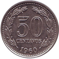 Монета 50 сентаво. 1960 год, Аргентина. Монета 50 сентаво. 1960 год, Аргентина.