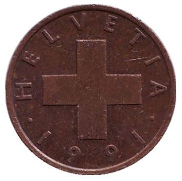 Монета 1 раппен. 1991 год, Швейцария. Монета 1 раппен. 1991 год, Швейцария.