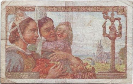 Банкнота 20 франков. 1943 год, Франция. Рыбак. Банкнота 20 франков. 1943 год, Франция. Рыбак.
