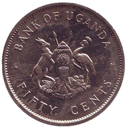 Монета 50 центов. 1976 год, Уганда. Райский журавль. (Африканская красавка). Монета 50 центов. 1976 год, Уганда. Райский журавль. (Африканская красавка).