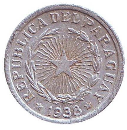 Монета 1 песо. 1938 год, Парагвай. Монета 1 песо. 1938 год, Парагвай.