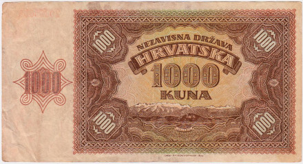 Банкнота 1000 кун. 1941 год, Хорватия. Банкнота 1000 кун. 1941 год, Хорватия.