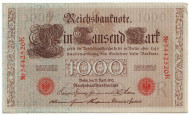 Рейхсбанкнота 1000 марок. 1910 год, Германская империя. Рейхсбанкнота 1000 марок. 1910 год, Германская империя.