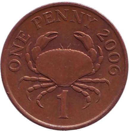 Монета 1 пенни, 2006 год, Гернси. Из обращения. Краб.