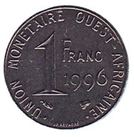 Монета 1 франк. 1996 год, Западные Африканские штаты. Монета 1 франк. 1996 год, Западные Африканские штаты.