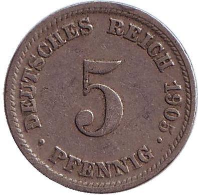 Монета 5 пфеннигов. 1905 год (D), Германская империя.