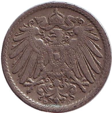 Монета 5 пфеннигов. 1905 год (D), Германская империя.