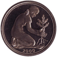 Монета 50 пфеннигов. 2000 год (D), ФРГ. Женщина, сажающая дуб. Монета 50 пфеннигов. 2000 год (D), ФРГ. Женщина, сажающая дуб.