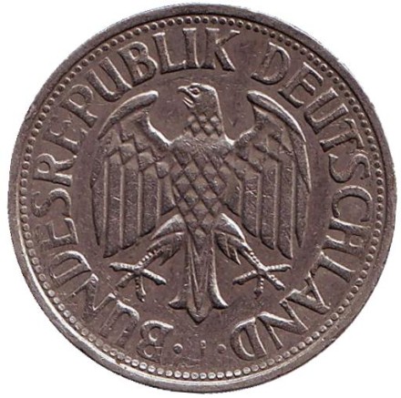 Монета 1 марка. 1970 год (J), ФРГ. Монета 1 марка. 1970 год (J), ФРГ.