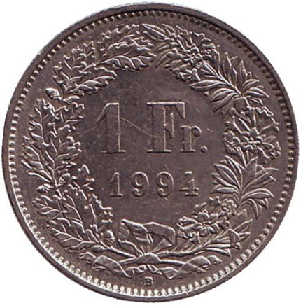 Монета 1 франк. 1994 (В) год, Швейцария. Гельвеция.
