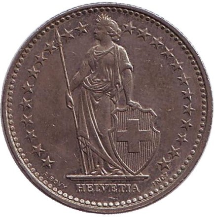 Монета 1 франк. 1994 (В) год, Швейцария. Гельвеция. Монета 1 франк. 1994 (В) год, Швейцария. Гельвеция.