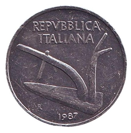 Монета 10 лир. 1987 год, Италия. Колосья пшеницы. Плуг. Монета 10 лир. 1987 год, Италия. Колосья пшеницы. Плуг.