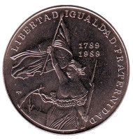 Монета 1 песо. 1989 год, Куба. 200-я годовщина Французской революции. Женская аллегория революции. Монета 1 песо. 1989 год, Куба. 200-я годовщина Французской революции. Женская аллегория революции.