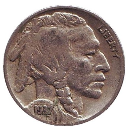 Монета 5 центов. 1937 год (S), США. Бизон. Индеец. Монета 5 центов. 1937 год (S), США. Бизон. Индеец.