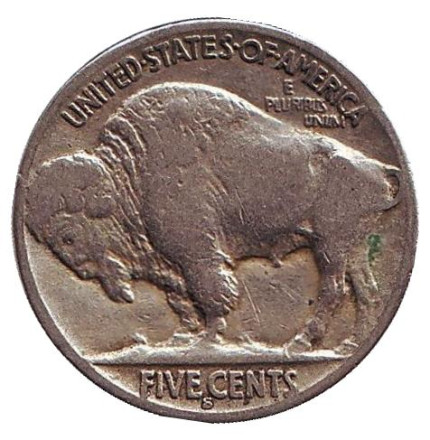 Монета 5 центов. 1937 год (S), США. Бизон. Индеец.