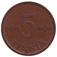 Монета 5 пенни. 1968 год, Финляндия. Монета 5 пенни. 1968 год, Финляндия.
