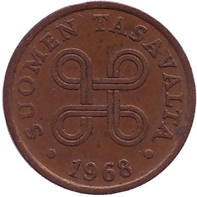 Монета 5 пенни. 1968 год, Финляндия.