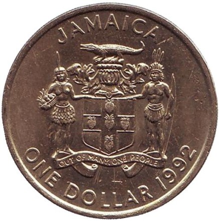Монета 1 доллар. 1992 год, Ямайка. Александр Бустаманте - национальный герой Ямайки.