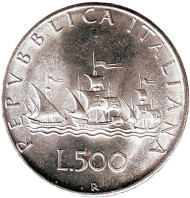 Монета 500 лир. 1967 год, Италия. Корабли Колумба. Монета 500 лир. 1967 год, Италия. Корабли Колумба.