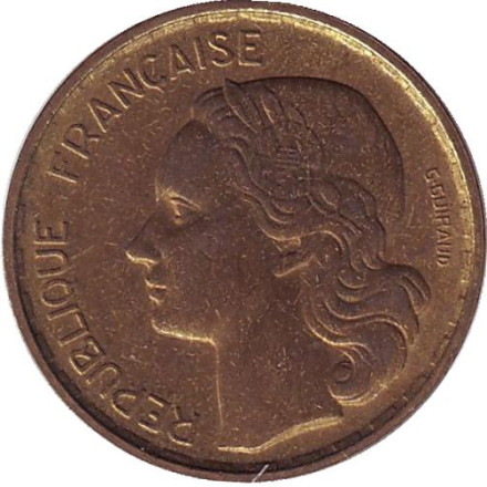 Монета 20 франков. 1952 год, Франция. "G. Guiraud", 4 пера.