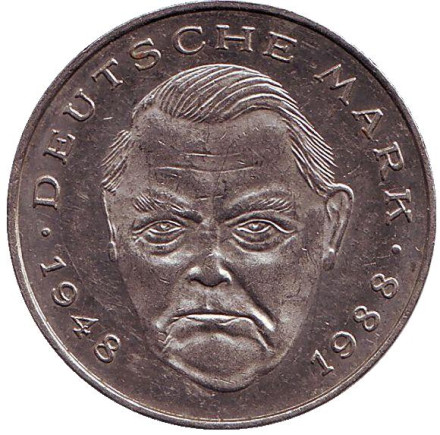 Монета 2 марки. 1993 год (G), ФРГ. Людвиг Эрхард.