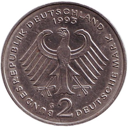Монета 2 марки. 1993 год (G), ФРГ. Людвиг Эрхард. Монета 2 марки. 1993 год (G), ФРГ. Людвиг Эрхард.