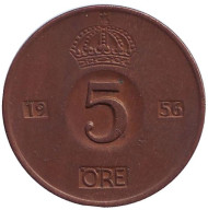 Монета 5 эре. 1956 год, Швеция. Монета 5 эре. 1956 год, Швеция.