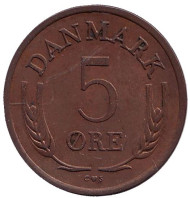 Монета 5 эре. 1960 год, Дания. (Бронза). Монета 5 эре. 1960 год, Дания. (Бронза).
