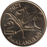 Монета 2 эмалангени. 2021 год, Эсватини (Свазиленд). Лилии. Король Мсавати III. Монета 2 эмалангени. 2021 год, Эсватини (Свазиленд). Лилии. Король Мсавати III.