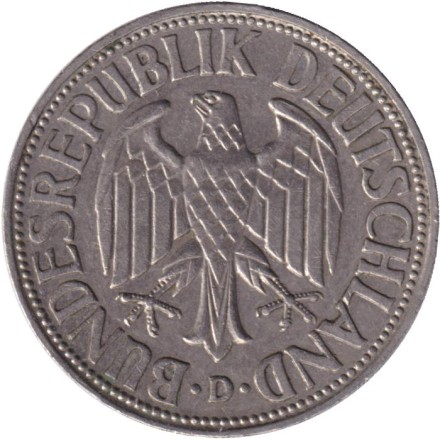 Монета 1 марка. 1967 год (D), ФРГ. Монета 1 марка. 1967 год (D), ФРГ.